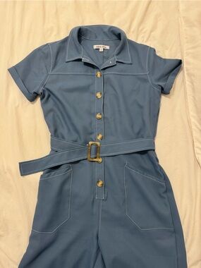 Blue Button Up Belted Jumpsuit